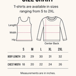 T-shirt size chart showing garment measurements and sizing information for multiple t-shirt sizes on a white background.