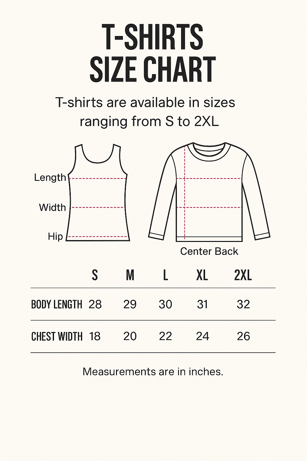 T-shirt size chart showing garment measurements and sizing information for multiple t-shirt sizes on a white background.