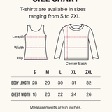 T-shirt size chart showing garment measurements and sizing information for multiple t-shirt sizes on a white background.
