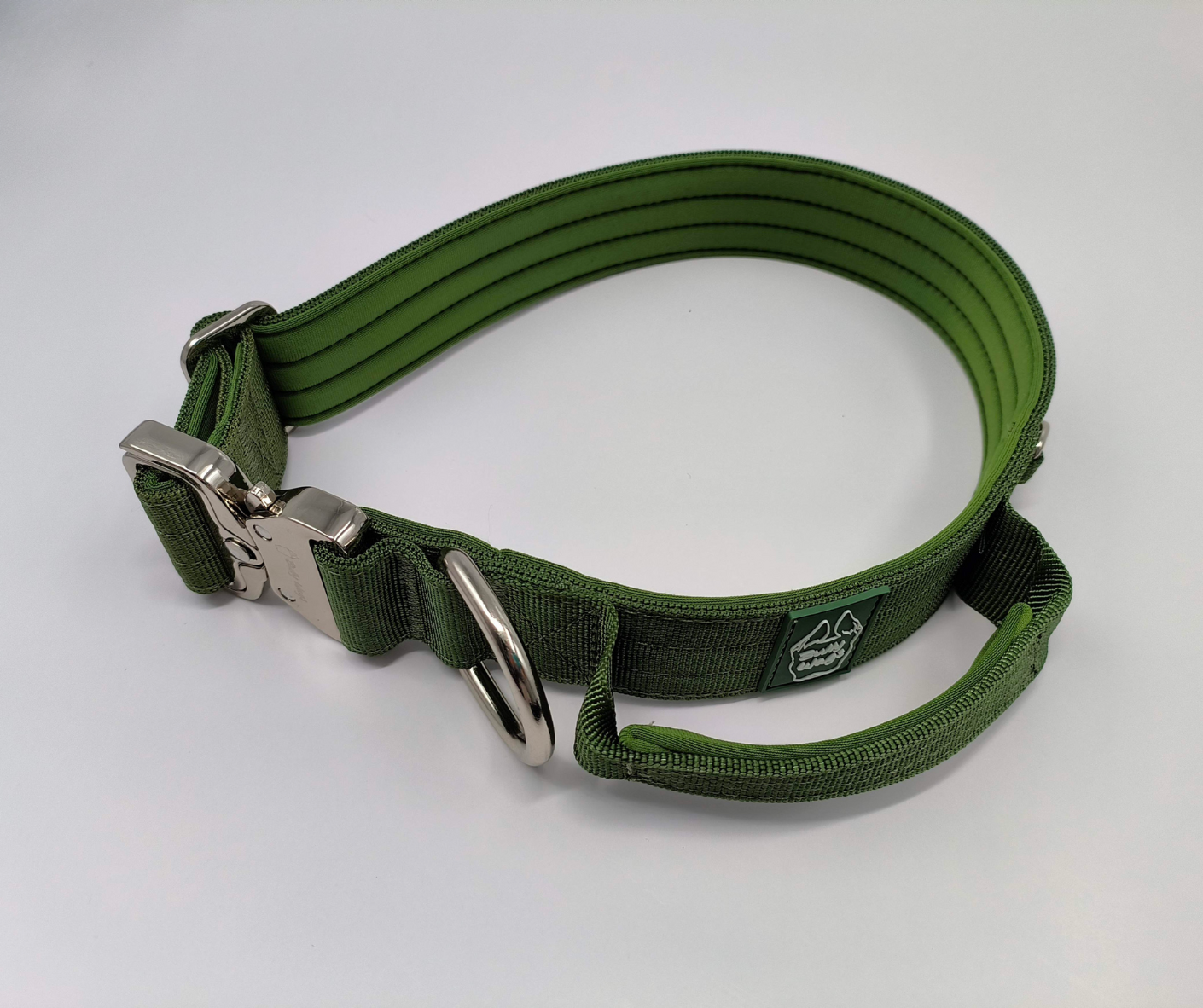 Cactus green 1.5-inch nylon dog collar with a handle, black metal buckle, and black hardware, displayed on a white background.