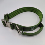 Cactus green 1.5-inch nylon dog collar with a handle, black metal buckle, and black hardware, displayed on a white background.