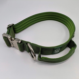 Cactus green 1.5-inch nylon dog collar with a handle, black metal buckle, and black hardware, displayed on a white background.