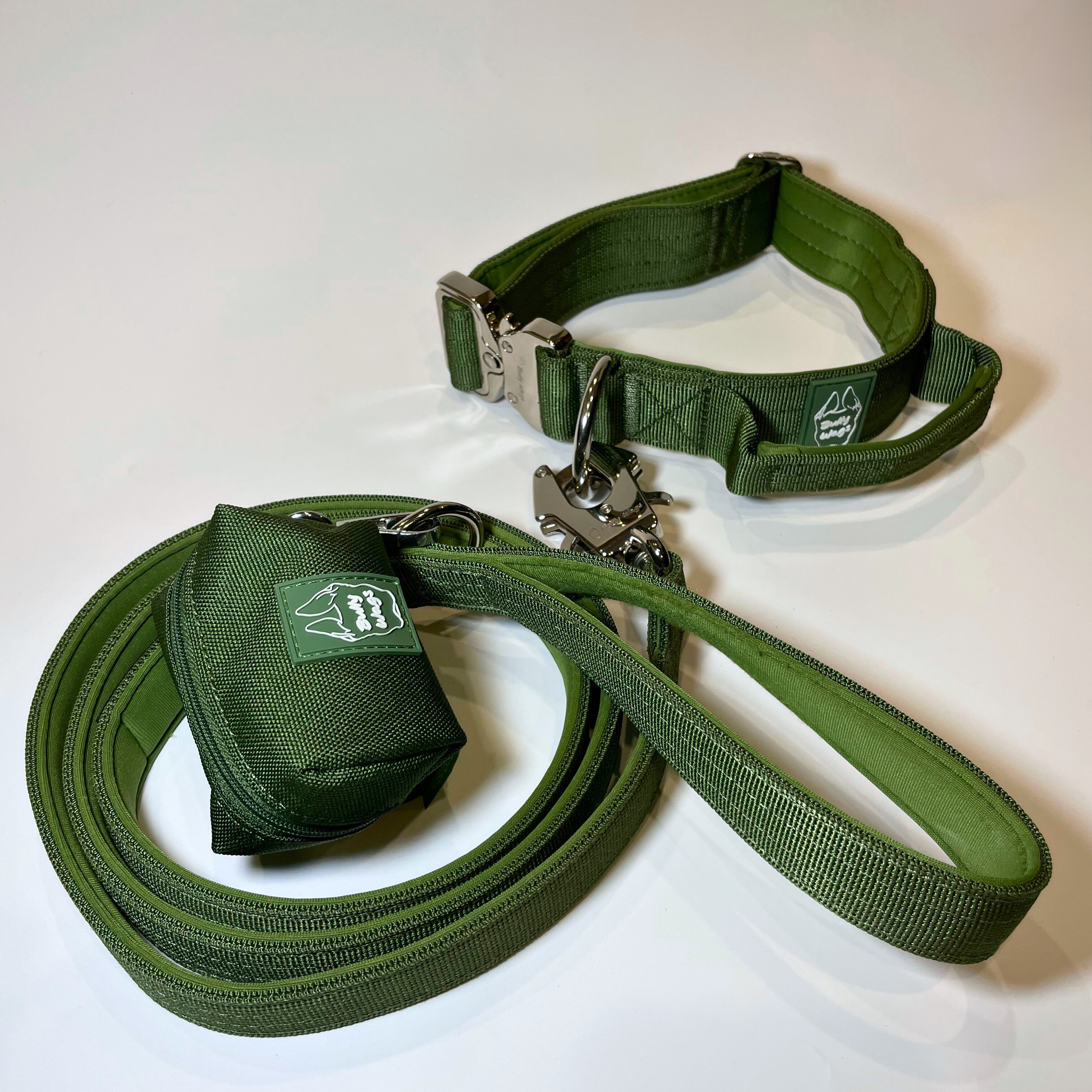 Cactus green dog collar, matching nylon leash, and portable poop bag dispenser set displayed on a white background.