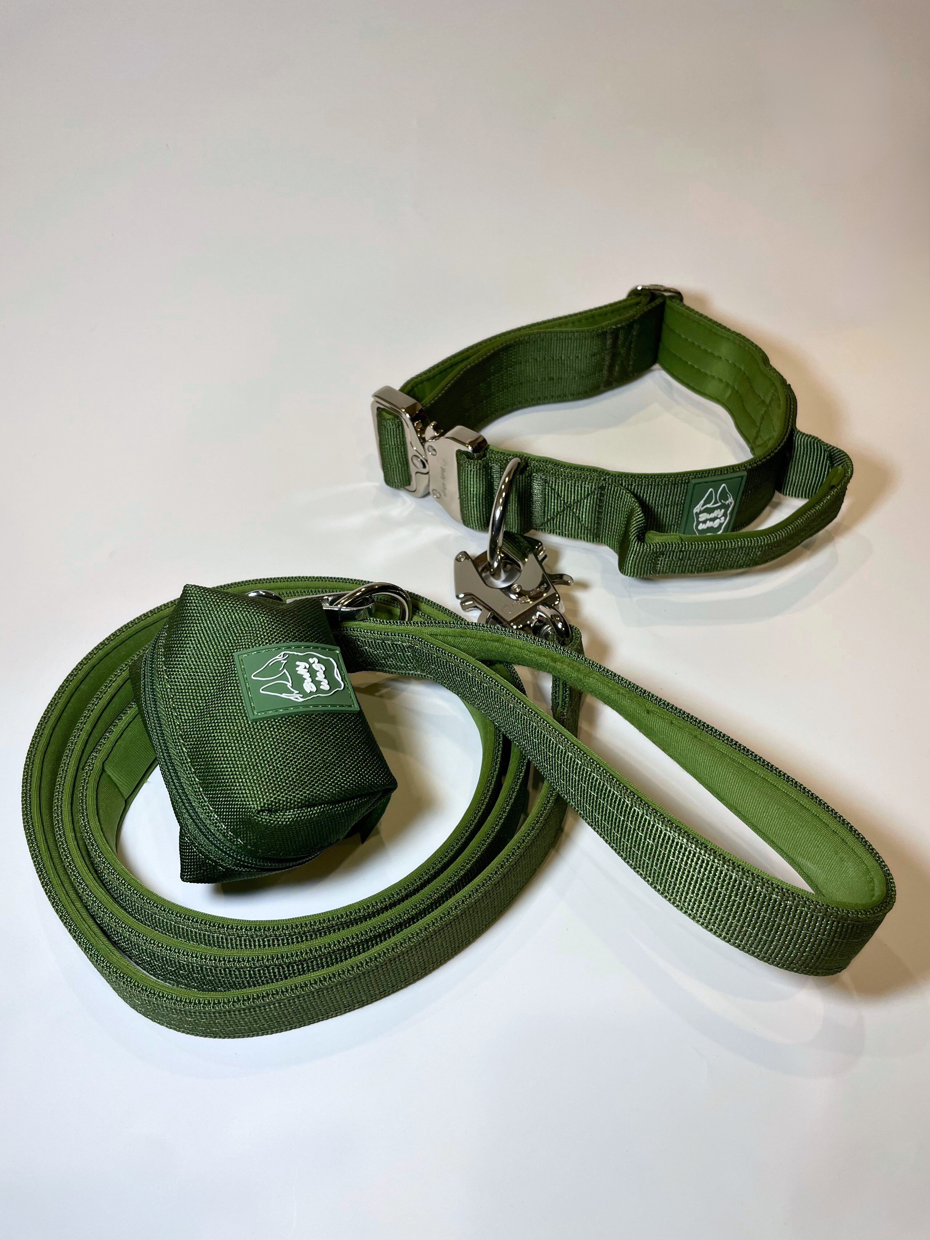 Cactus green dog collar, matching nylon leash, and portable poop bag dispenser set displayed on a white background.