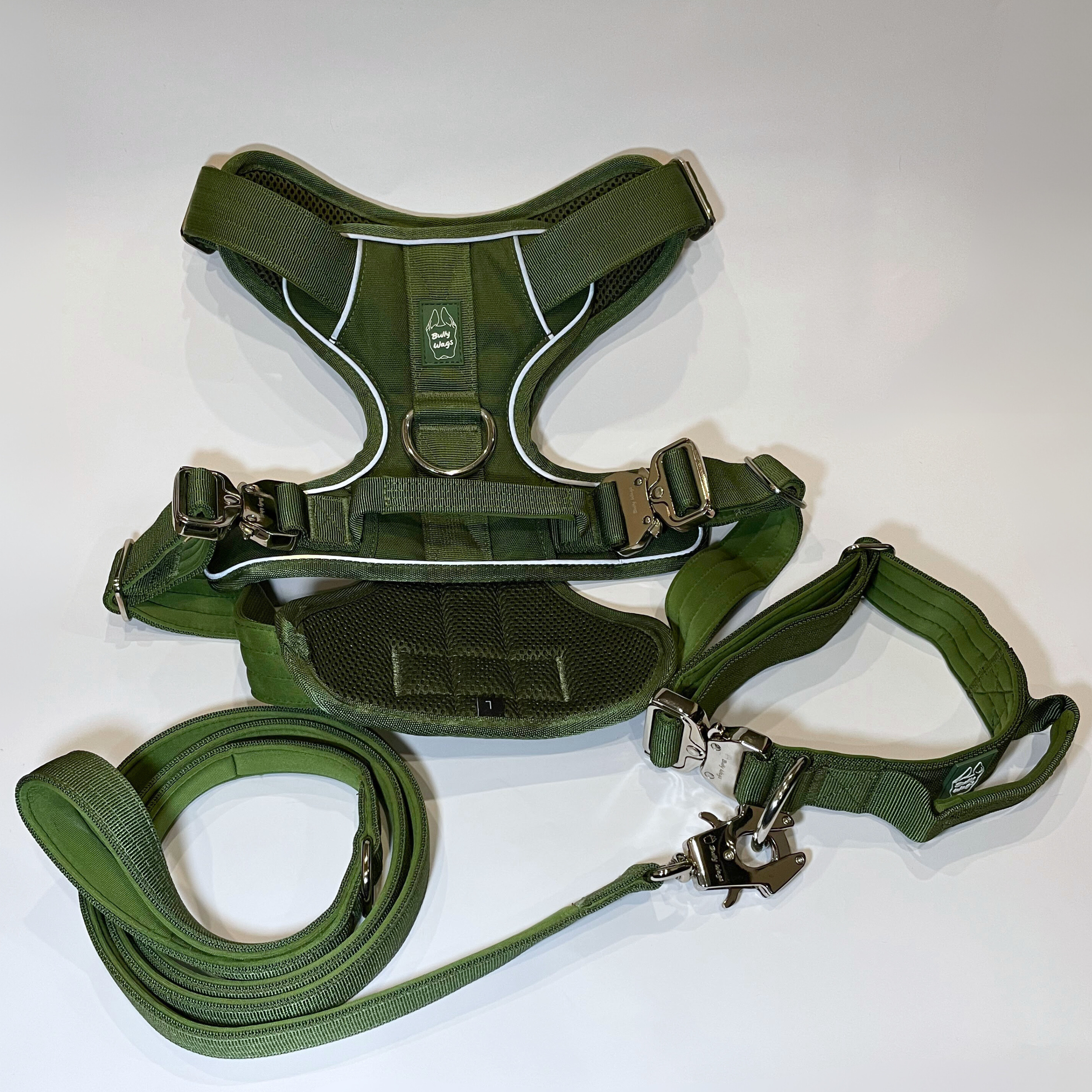 Cactus green Heavy Duty harness, matching dog collar, and matching nylon leash set displayed on a white background.