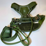 Cactus green Heavy Duty harness, matching nylon leash, and portable poop bag dispenser set displayed on a white background.