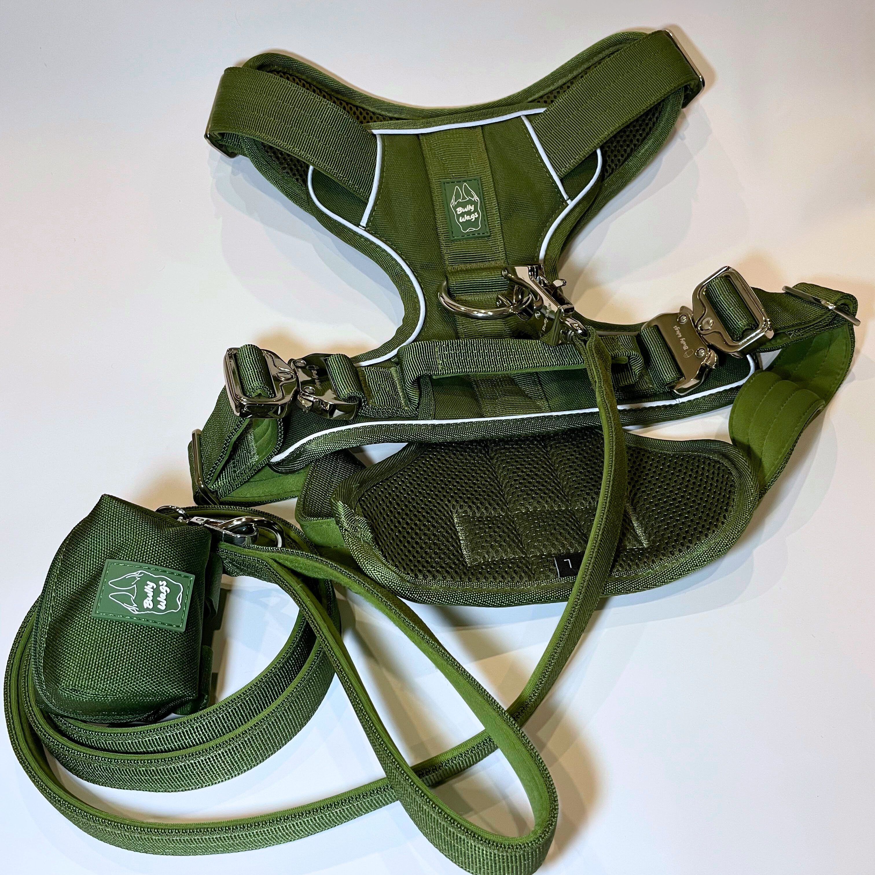 Cactus green Heavy Duty harness, matching nylon leash, and portable poop bag dispenser set displayed on a white background.