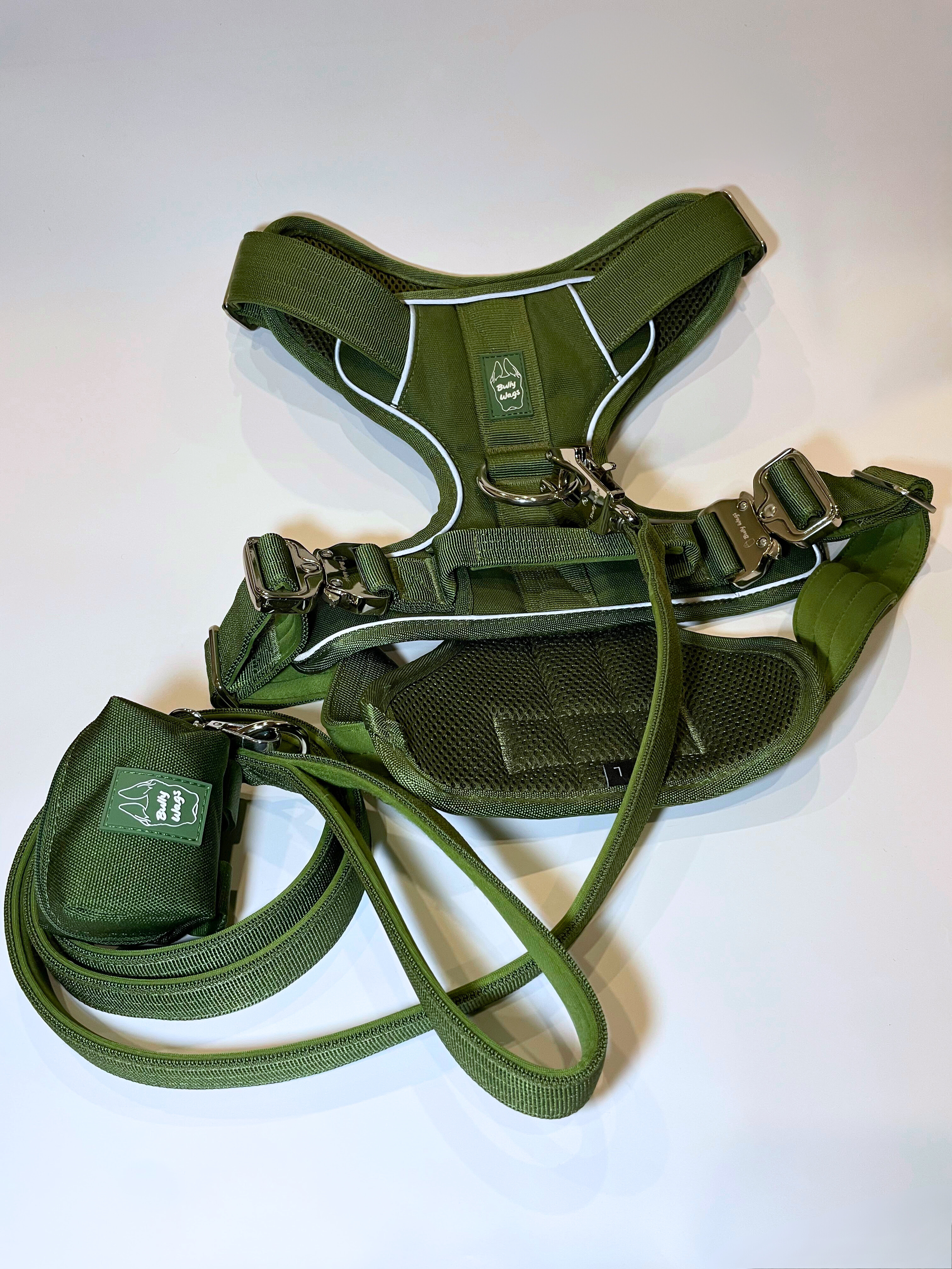 Cactus green Heavy Duty harness, matching nylon leash, and portable poop bag dispenser set displayed on a white background.