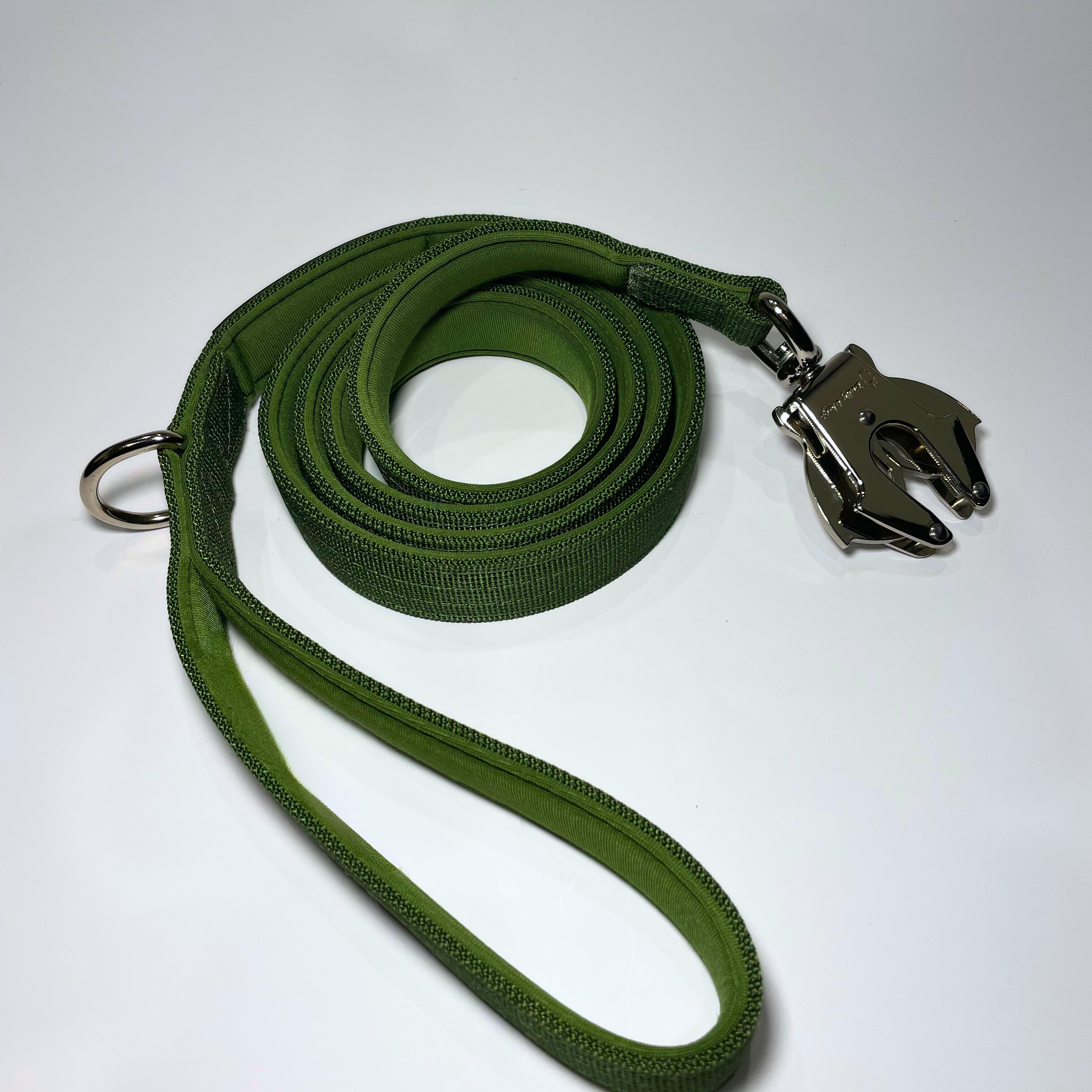 Cactus green nylon dog leash with a black zinc alloy frog clip and padded handle, displayed on a white background.