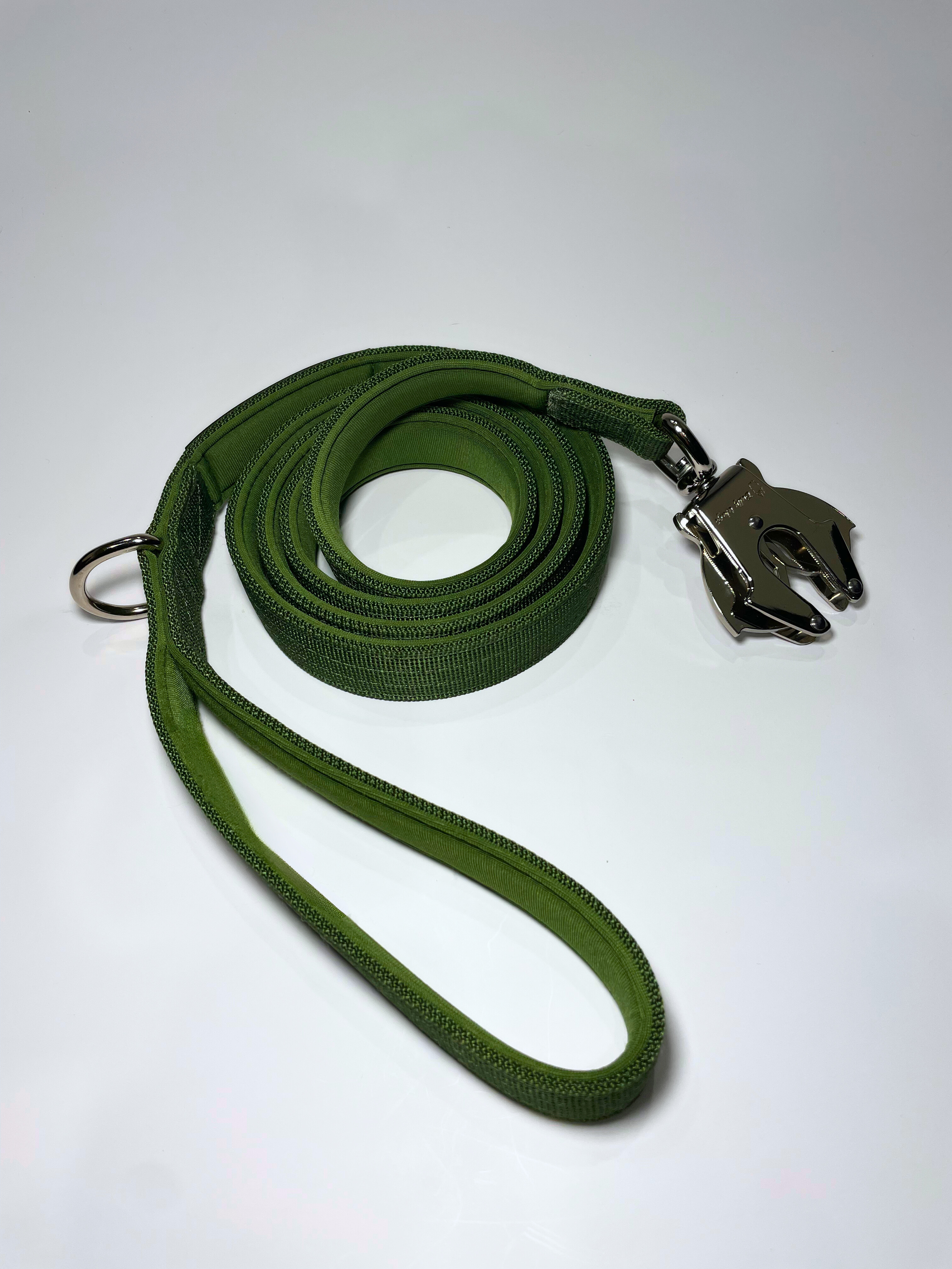 Cactus green nylon dog leash with a black zinc alloy frog clip and padded handle, displayed on a white background.