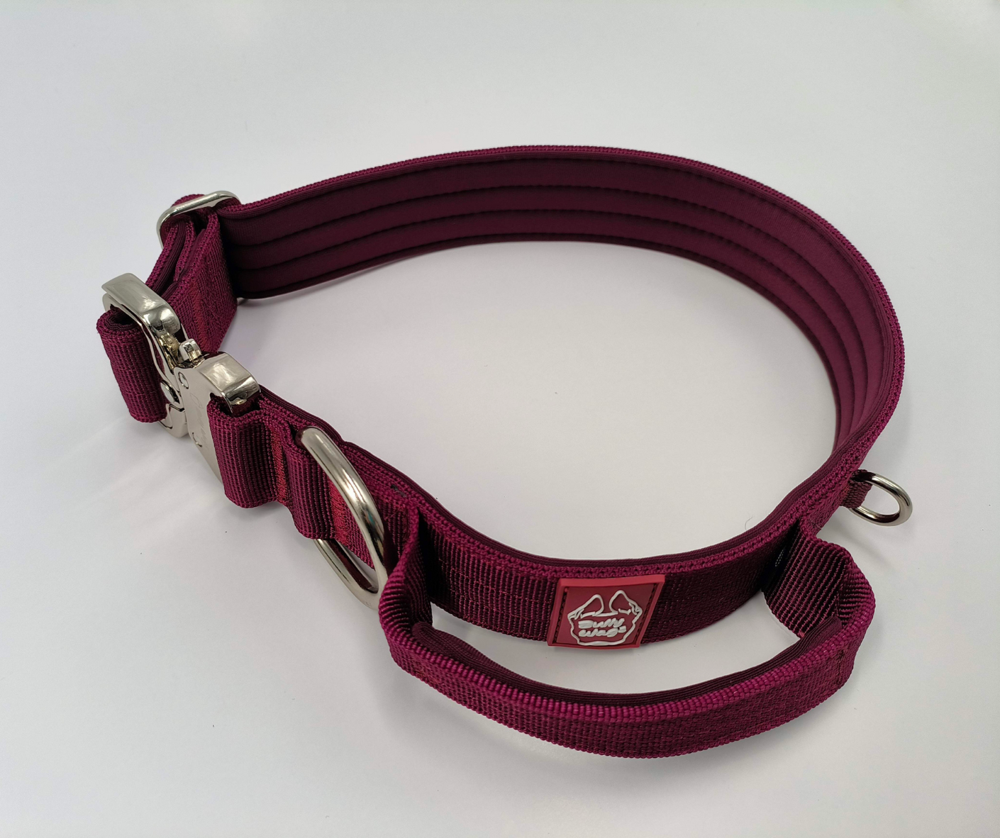 Cherry wine 1.5-inch nylon dog collar with a handle, black metal buckle, and black hardware, displayed on a white background.
