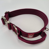 Cherry wine 1.5-inch nylon dog collar with a handle, black metal buckle, and black hardware, displayed on a white background.