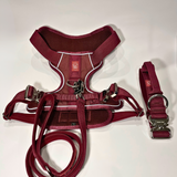 Cherry wine Heavy Duty harness, matching dog collar, and matching nylon leash set displayed on a white background.