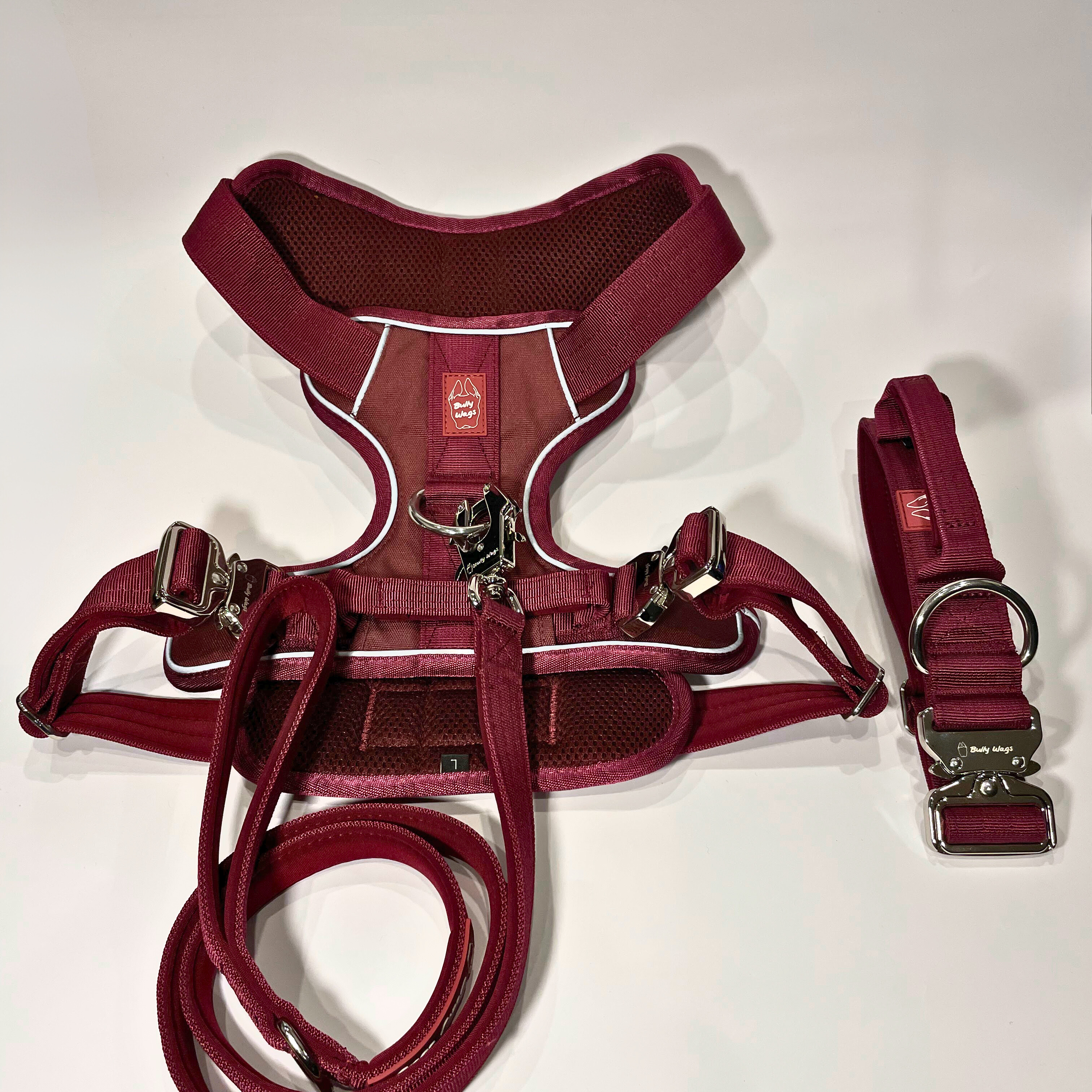 Cherry wine Heavy Duty harness, matching dog collar, and matching nylon leash set displayed on a white background.