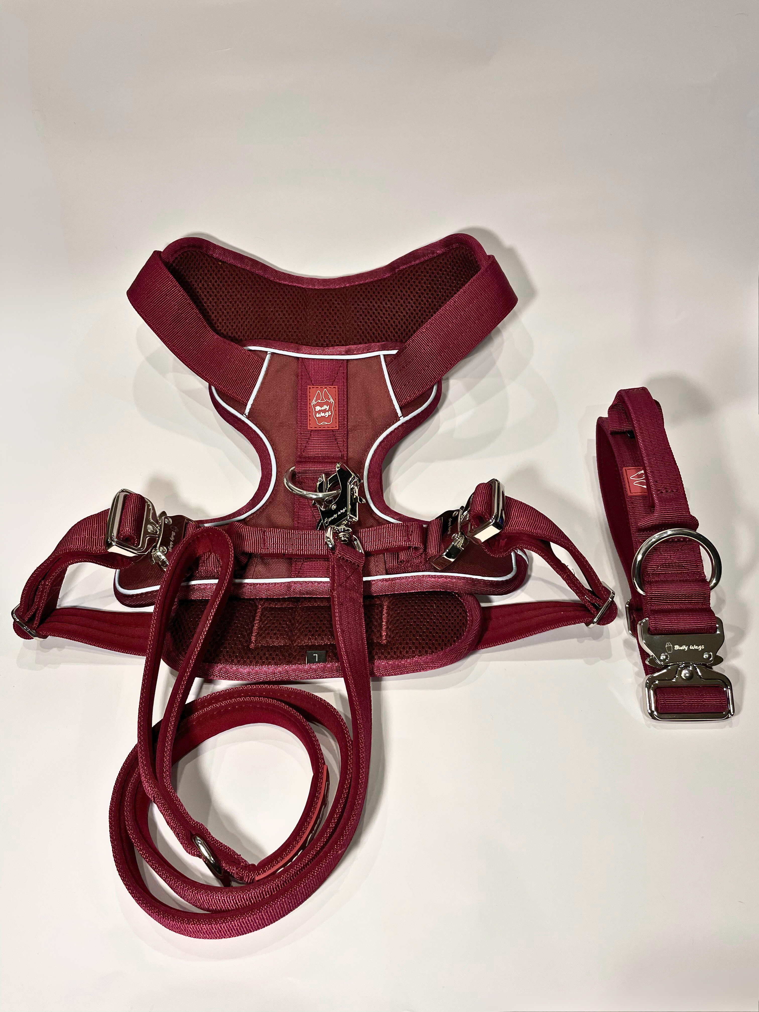 Cherry wine Heavy Duty harness, matching dog collar, and matching nylon leash set displayed on a white background.
