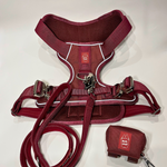 Cherry wine Heavy Duty harness, matching nylon leash, and portable poop bag dispenser set displayed on a white background.