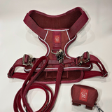 Cherry wine Heavy Duty harness, matching nylon leash, and portable poop bag dispenser set displayed on a white background.