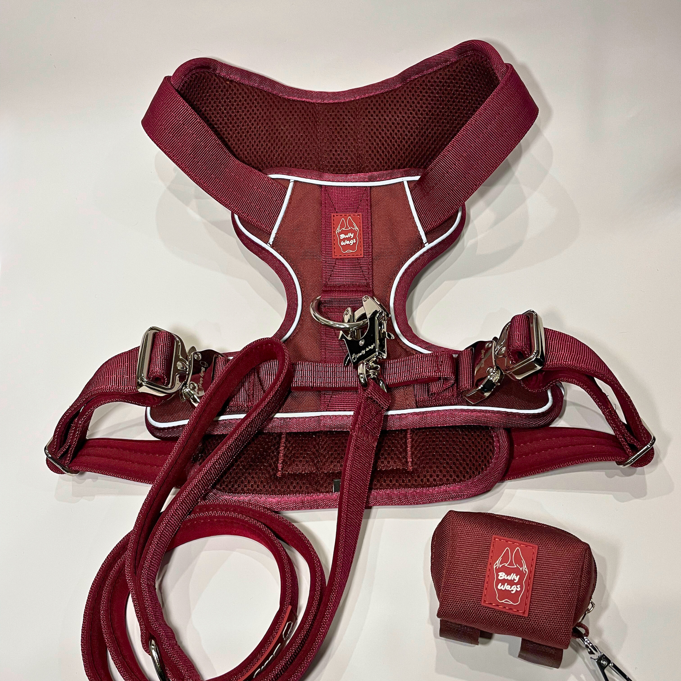 Cherry wine Heavy Duty harness, matching nylon leash, and portable poop bag dispenser set displayed on a white background.