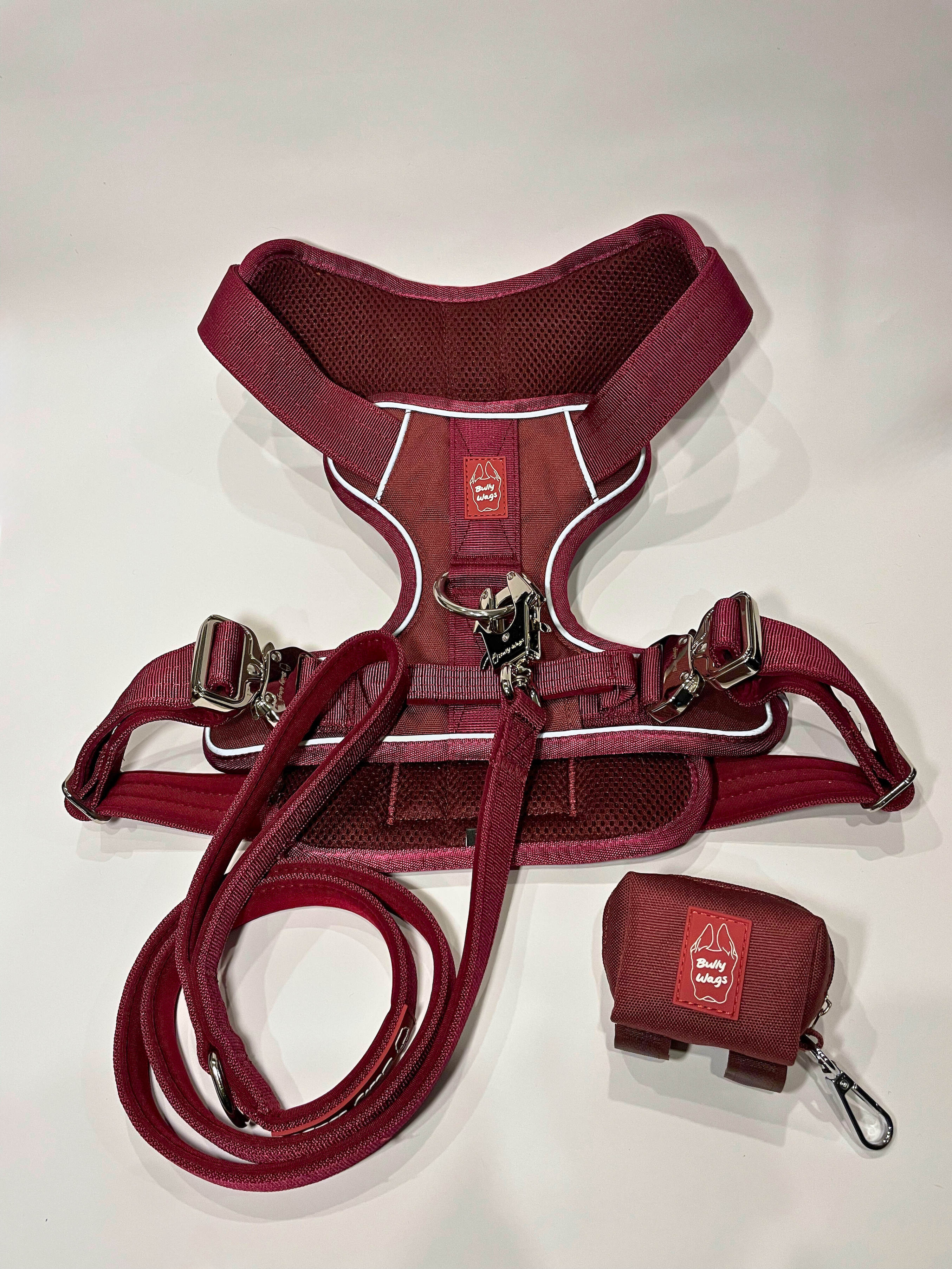 Cherry wine Heavy Duty harness, matching nylon leash, and portable poop bag dispenser set displayed on a white background.