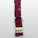 Cherry wine nylon dog collar with rose gold buckle displayed on a light gray background.