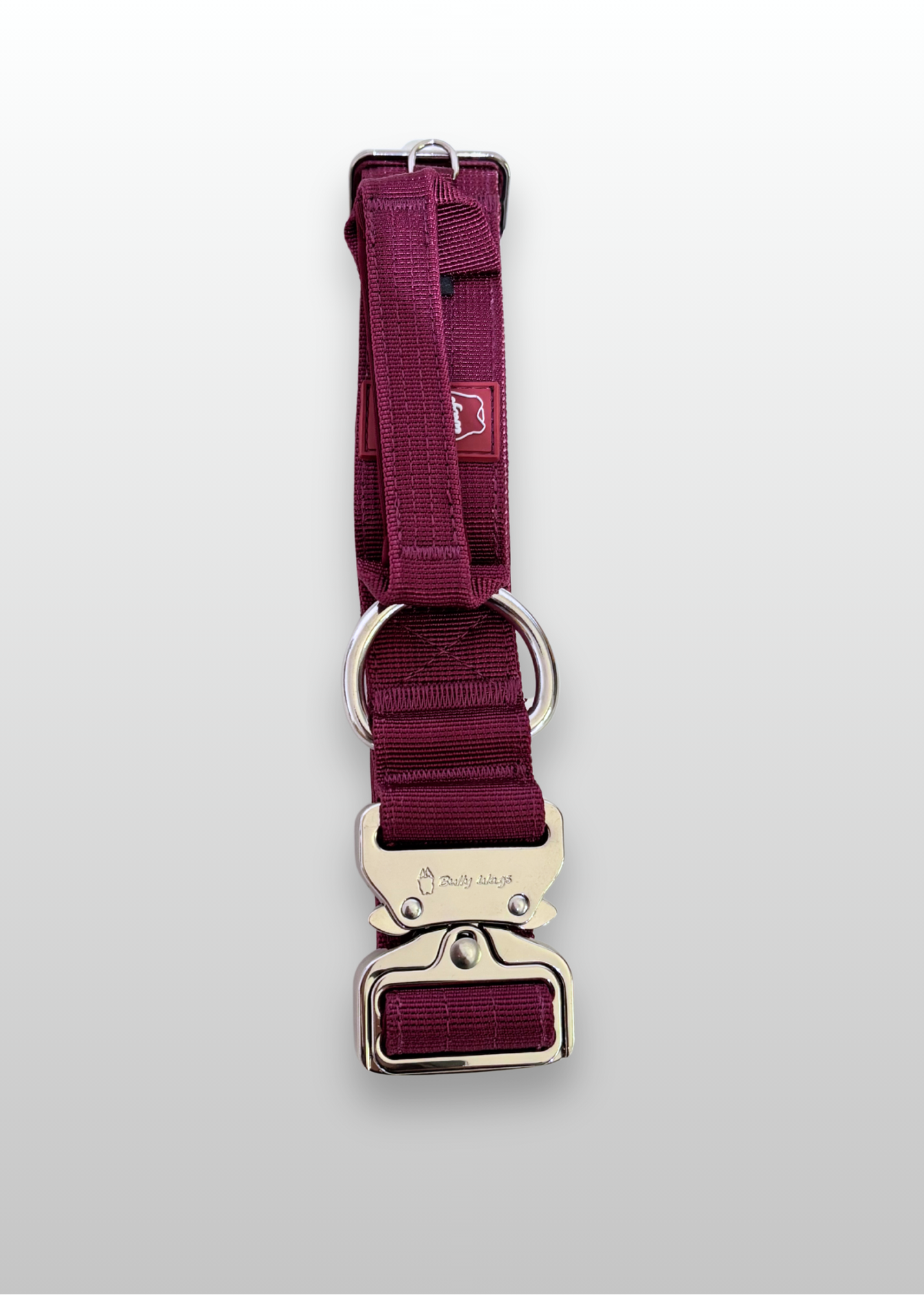 Cherry wine nylon dog collar with rose gold buckle displayed on a light gray background.