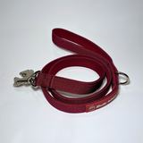 Cherry wine nylon dog leash with black neoprene handle padding and black zinc alloy frog clip, displayed on a white background.