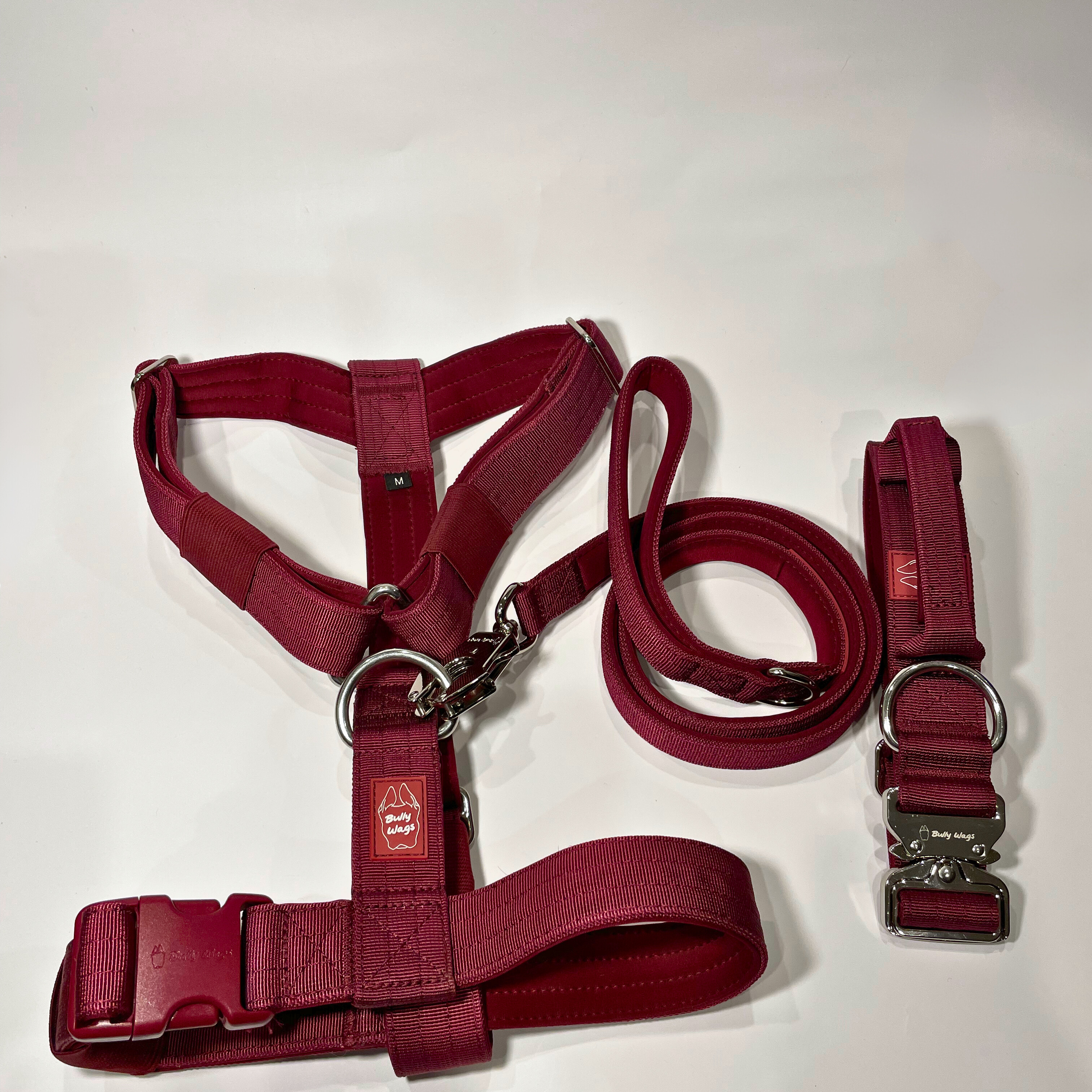 Cherry wine Y-strap dog harness, matching dog collar, and matching nylon leash set displayed on a white background.