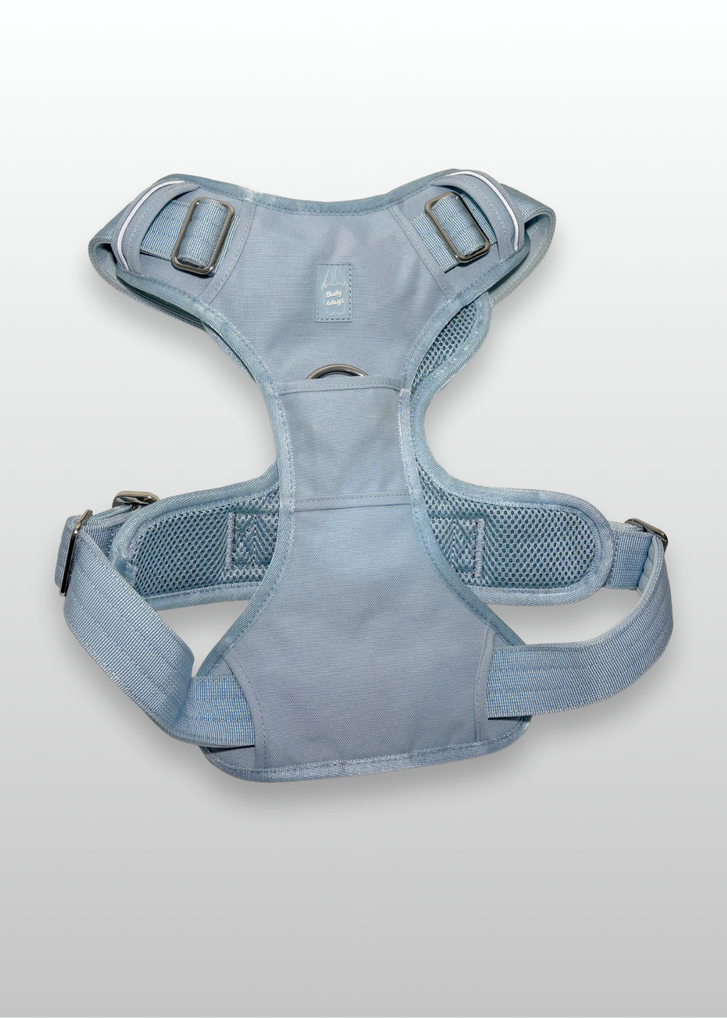 Baby Blue Heavy Duty dog harness shown from the front, featuring silver hardware, breathable mesh padding, adjustable straps, and reflective trim on a light gray background.