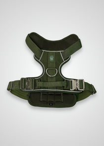 Cactus green heavy duty dog harness shown from the front, featuring silver hardware, quick-release buckles, breathable mesh padding, and reflective trim on a light gray background.