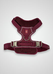 Cherry wine heavy duty dog harness shown from the front, featuring silver hardware, quick-release buckles, breathable mesh padding, and reflective trim on a light gray background.
