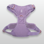 Lilac Heavy Duty dog harness shown from the front, featuring silver hardware, breathable mesh padding, adjustable straps, and reflective trim on a light gray background.