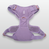 Lilac Heavy Duty dog harness shown from the front, featuring silver hardware, breathable mesh padding, adjustable straps, and reflective trim on a light gray background.