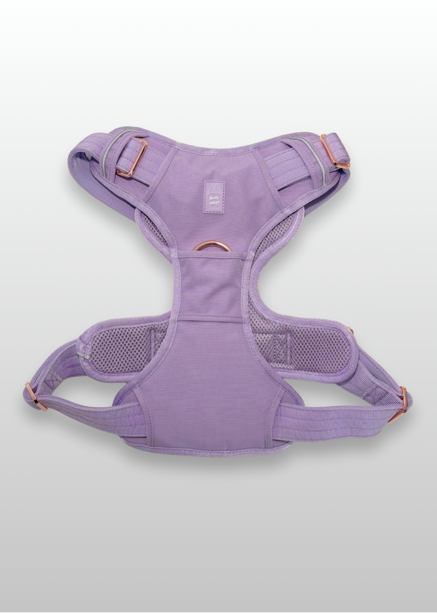 Lilac Heavy Duty dog harness shown from the front, featuring silver hardware, breathable mesh padding, adjustable straps, and reflective trim on a light gray background.