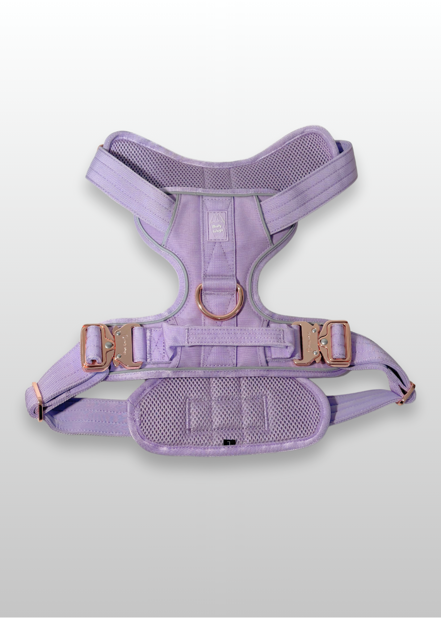 Lilac Heavy Duty dog harness shown from above, featuring rose gold hardware, breathable mesh padding, adjustable straps, and reflective trim on a light gray background.