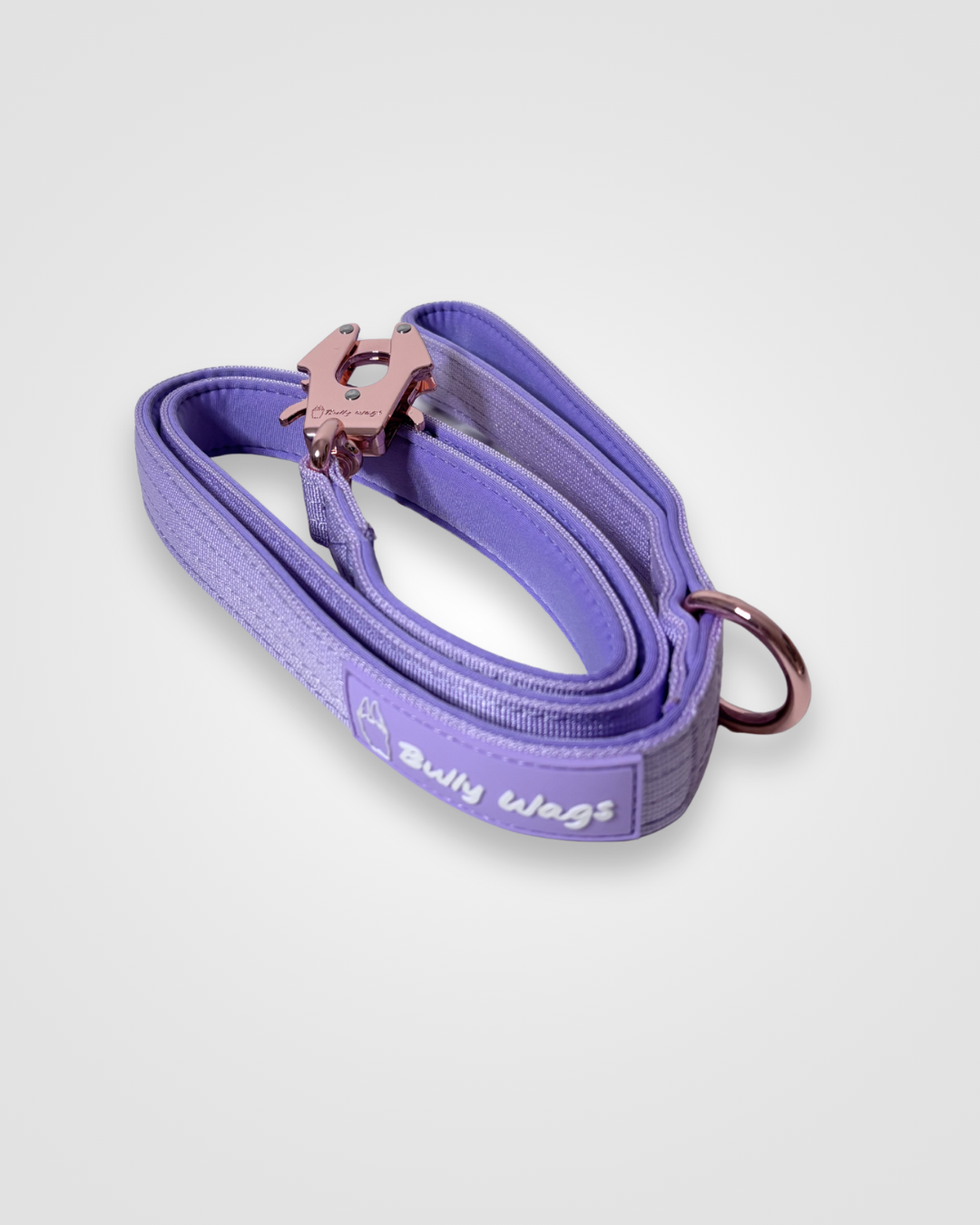 Lilac nylon dog leash with rose gold clip displayed on a light gray background.