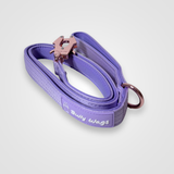 Lilac nylon dog leash with rose gold clip displayed on a light gray background.