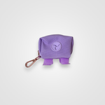 Lilac dog poop bag dispenser with carabiner displayed on a white background.