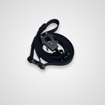 Multi-way hands-free dog leash with frog clip and metal hardware displayed on a light gray background.