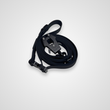 Multi-way hands-free dog leash with frog clip and metal hardware displayed on a light gray background.