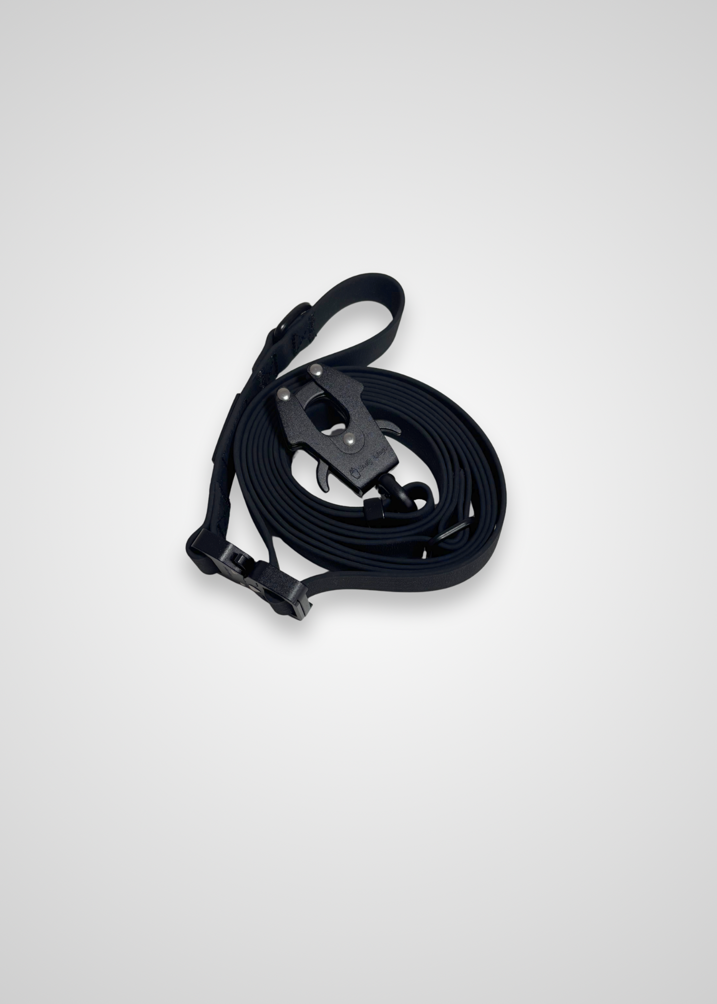 Multi-way hands-free dog leash with frog clip and metal hardware displayed on a light gray background.