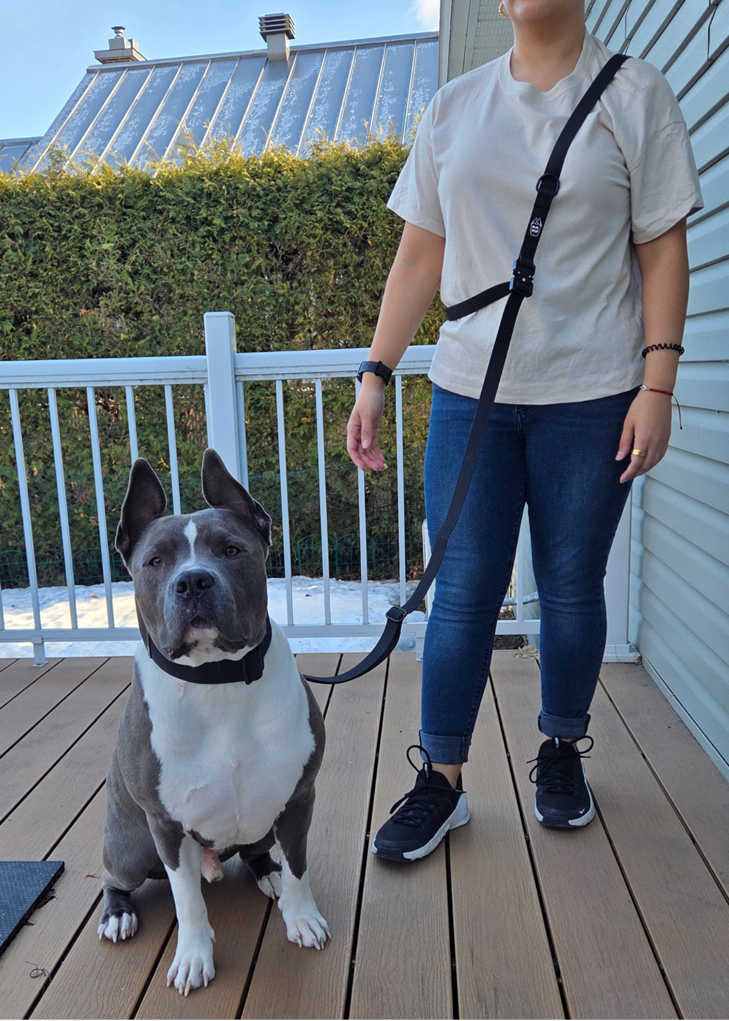 Person standing on a wooden deck with a dog attached to a multi-way hands-free leash.