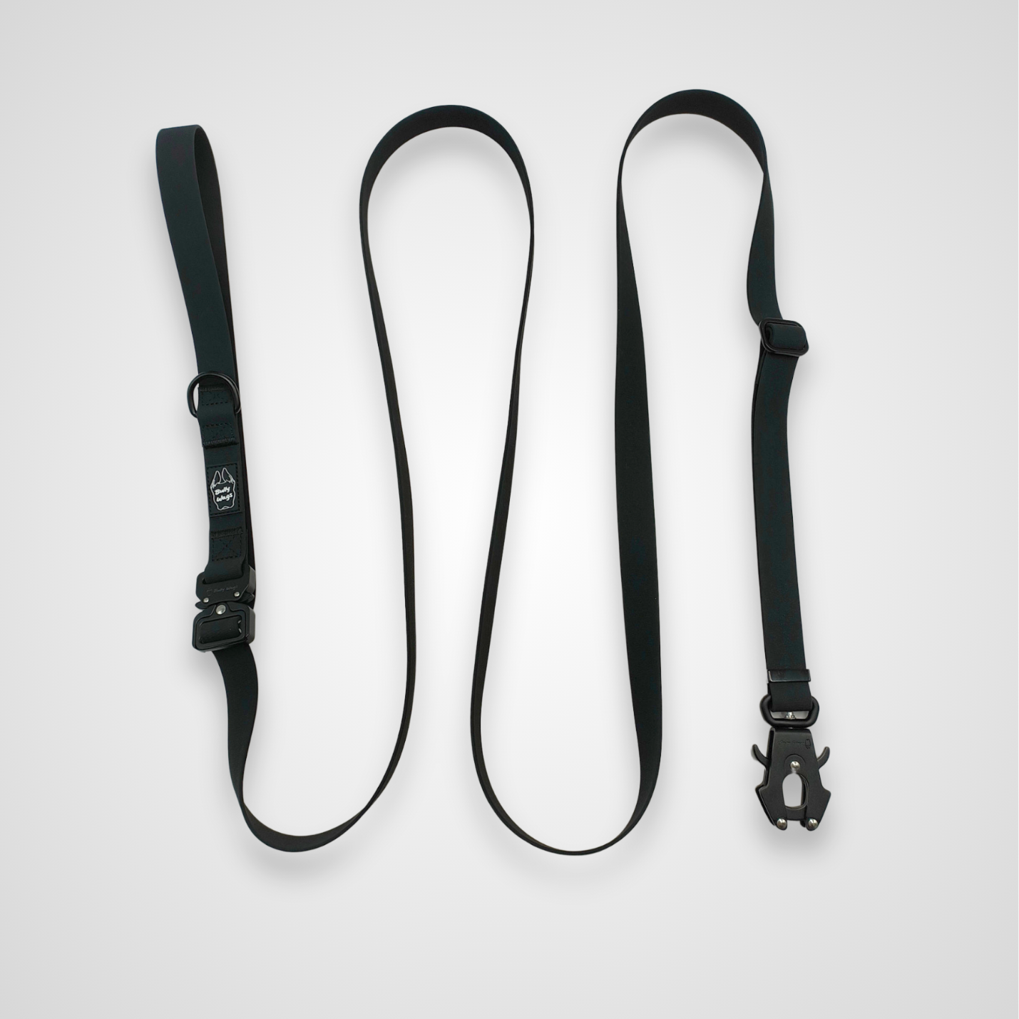 Multi-way hands-free dog leash with metal hardware displayed on a white background.