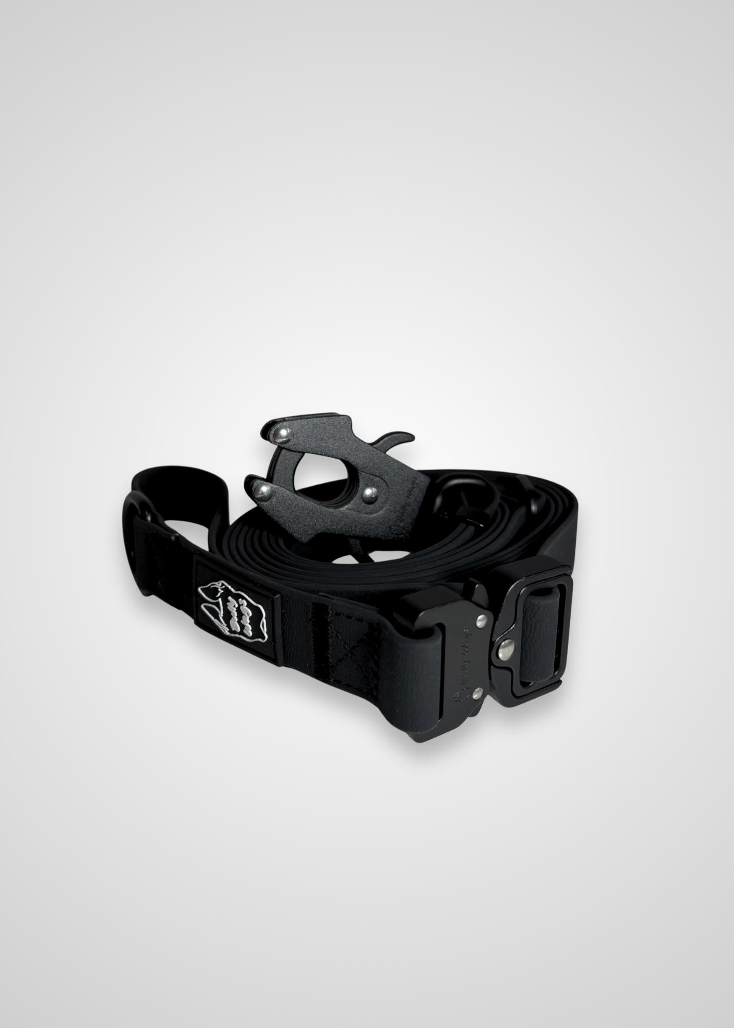 Multi-way hands-free dog leash with metal hardware displayed on a light gray background.