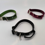 Black, cherry wine, and cactus green nylon dog collars displayed side by side on a white background.