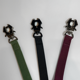 Cherry wine, cactus green, and black nylon dog leashes featuring black zinc alloy frog clips, displayed side by side on a white background.