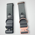 Black waterproof PVC dog collars displayed side by side, featuring black hardware on one collar and rose gold hardware on the other, on a light gray background.