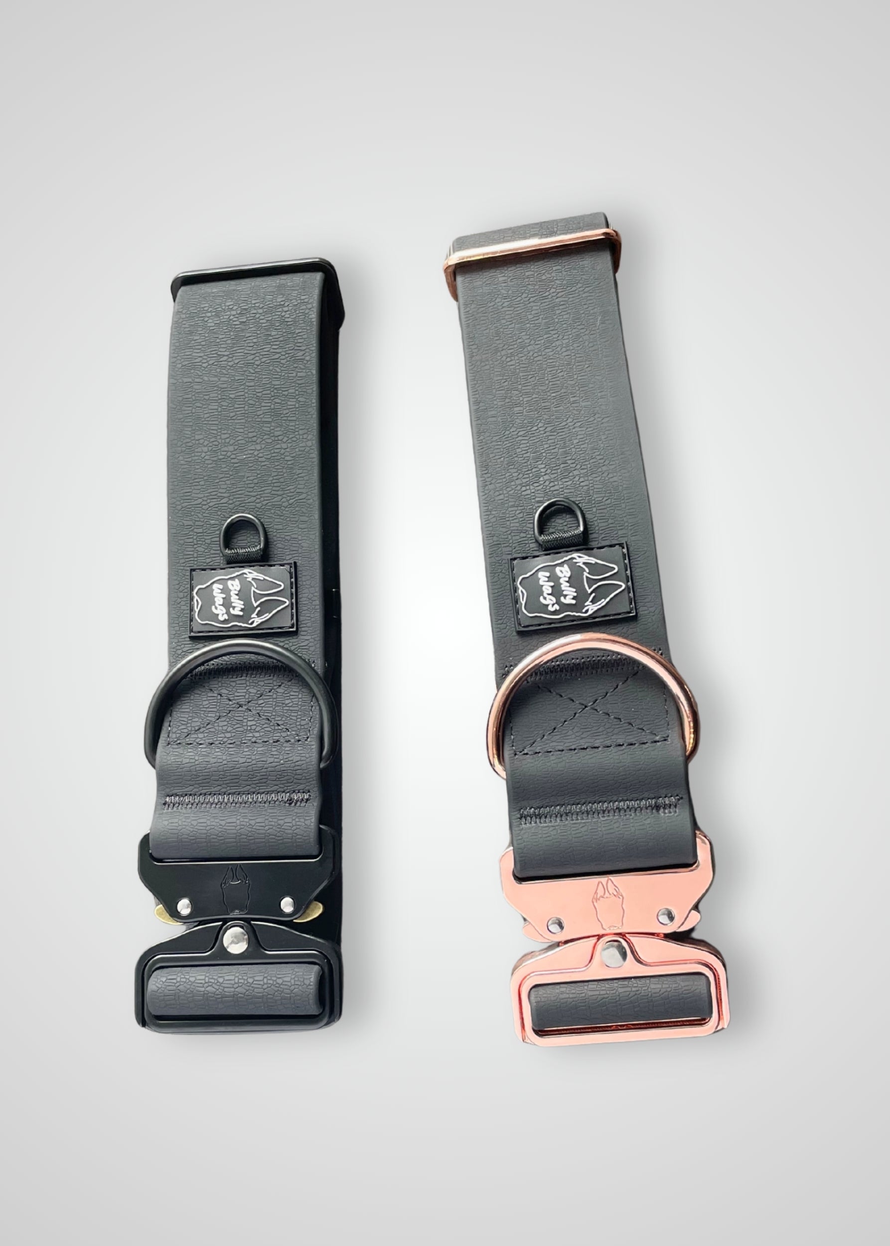 Black waterproof PVC dog collars displayed side by side, featuring black hardware on one collar and rose gold hardware on the other, on a light gray background.