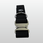 Black waterproof PVC dog collar with silver hardware displayed on a light gray background.